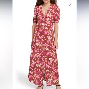 Faherty Sorrento Print Maxi Floral Dress in Red and Pink short sleeve button XXS